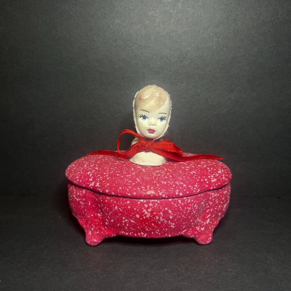 Vintage Unique OOAK Red Art Pottery Ceramic Doll Head Oval Trinket Jewelry Box